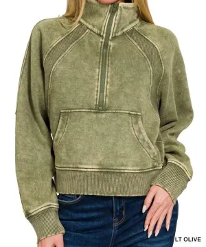 Acid Wash Half Zip Me Sweatshirt In Light Olive