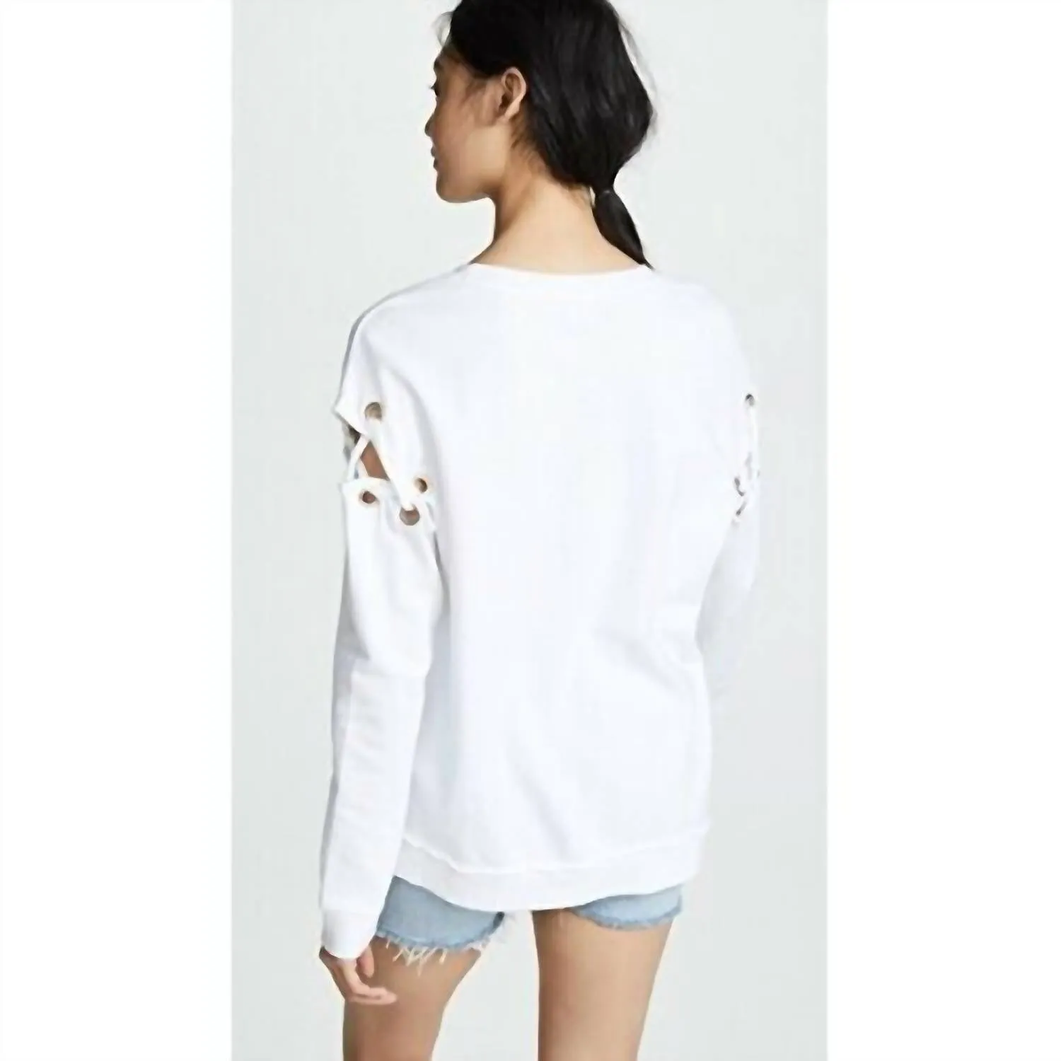 Alice Lace Up Sleeve Cotton Sweatshirt In White