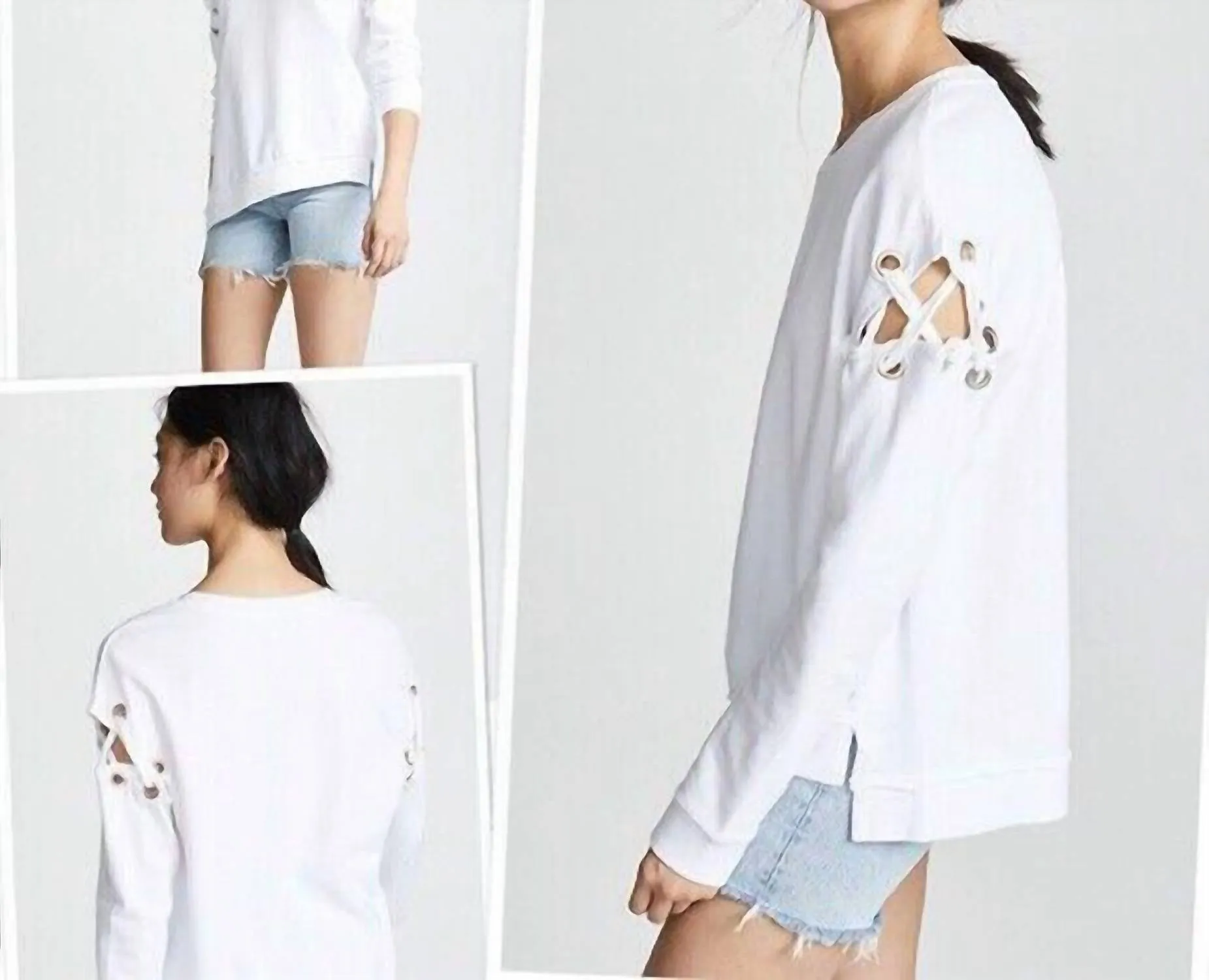Alice Lace Up Sleeve Cotton Sweatshirt In White