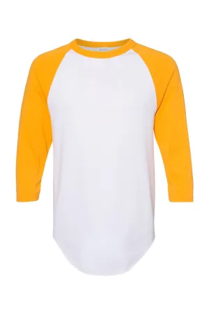 Augusta Sportswear Mens Raglan 3/4 Sleeve Crewneck T-Shirt - White/Gold