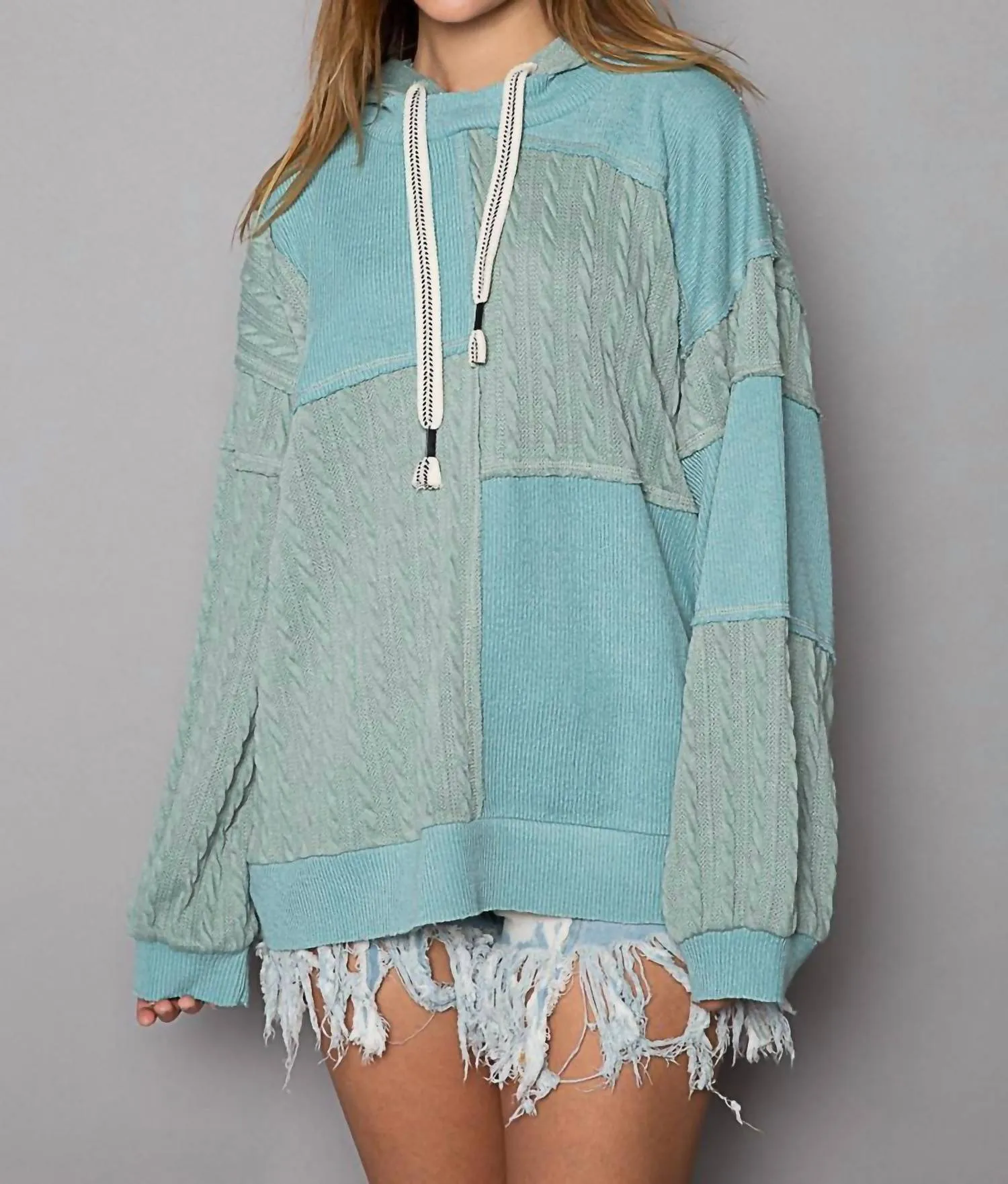 Balloon Sleeve Cut Sew Sweater Knit Top In Jade Green