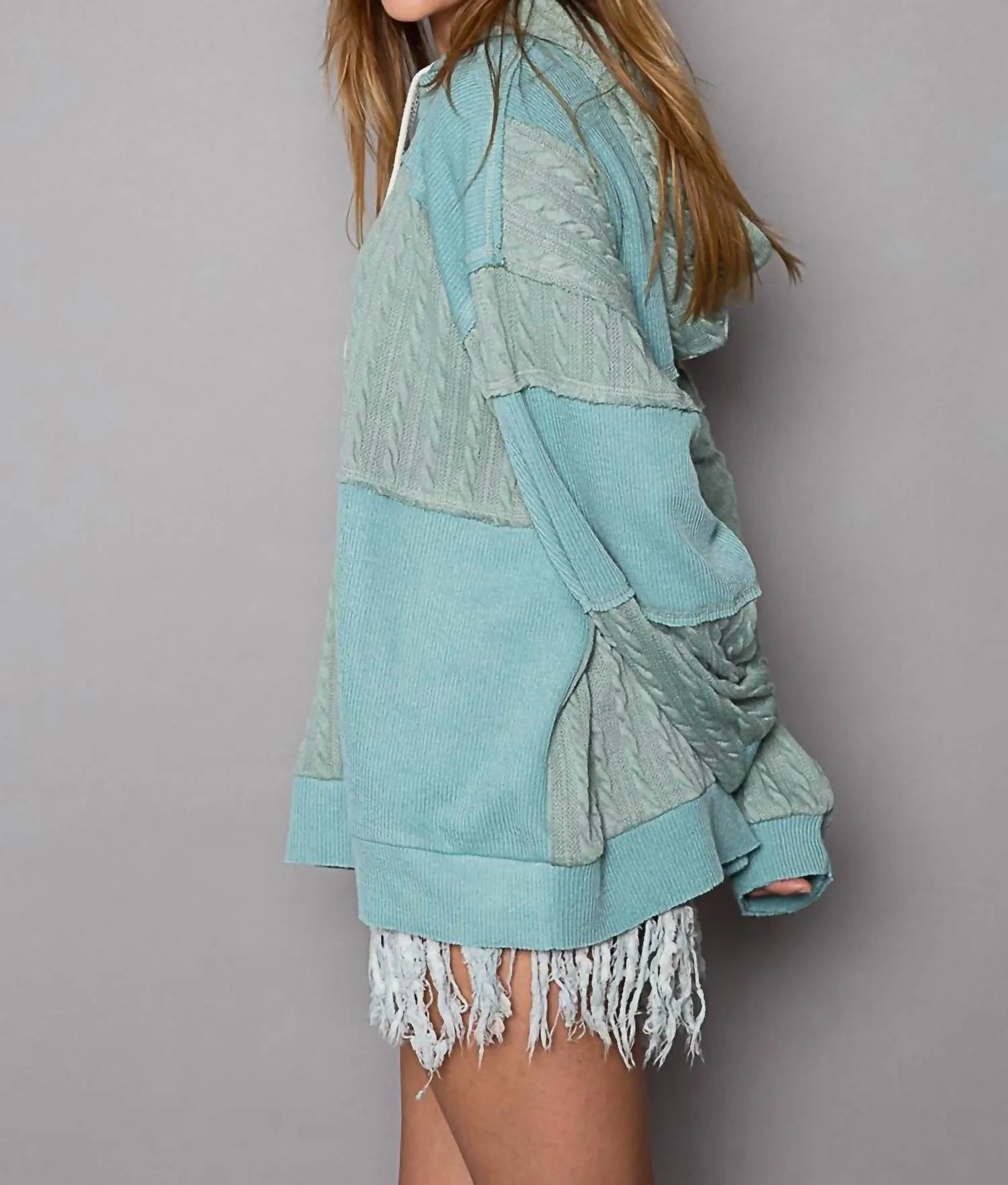 Balloon Sleeve Cut Sew Sweater Knit Top In Jade Green