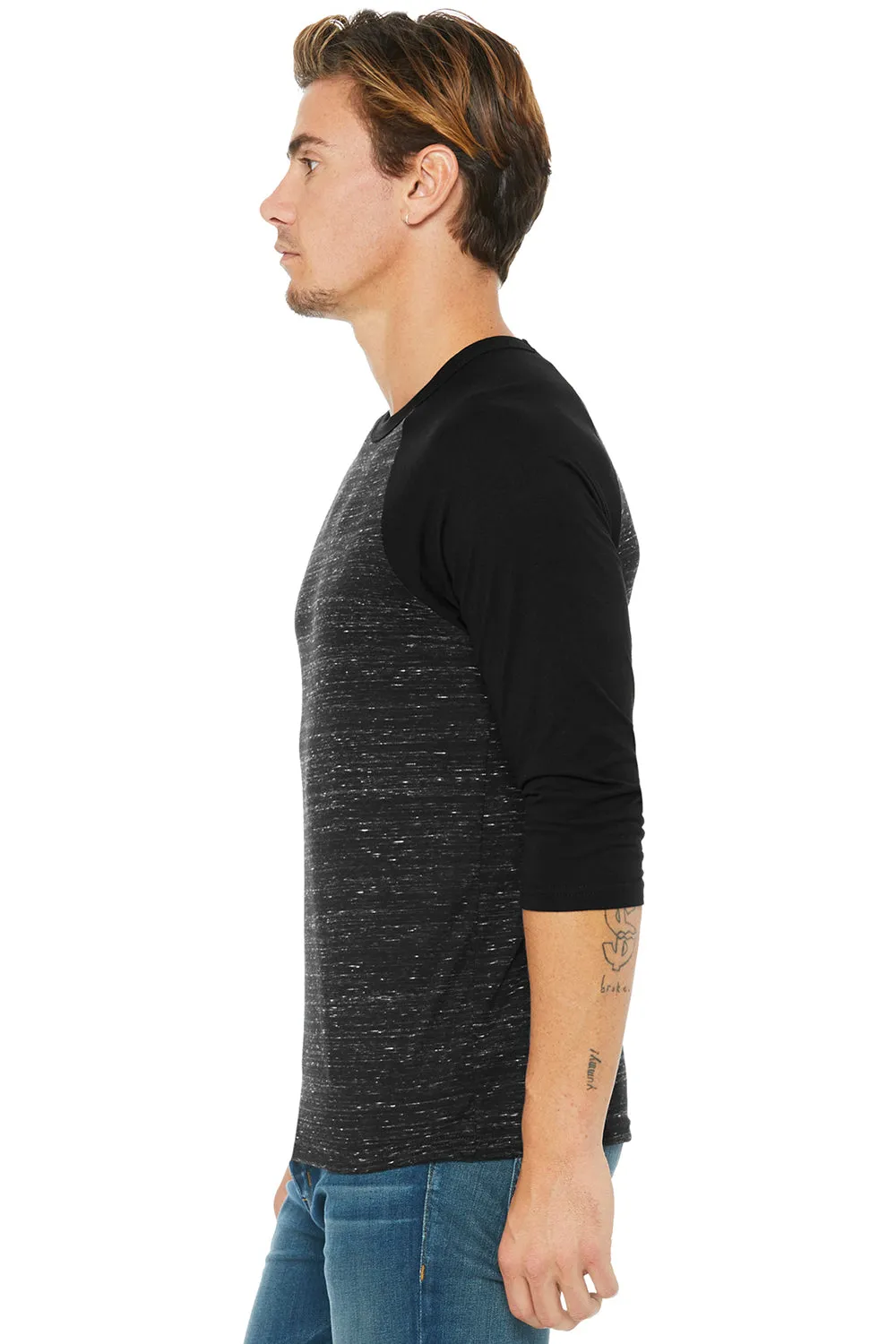 Bella   Canvas Mens 3/4 Sleeve Crewneck T-Shirt - Black Marble/Black