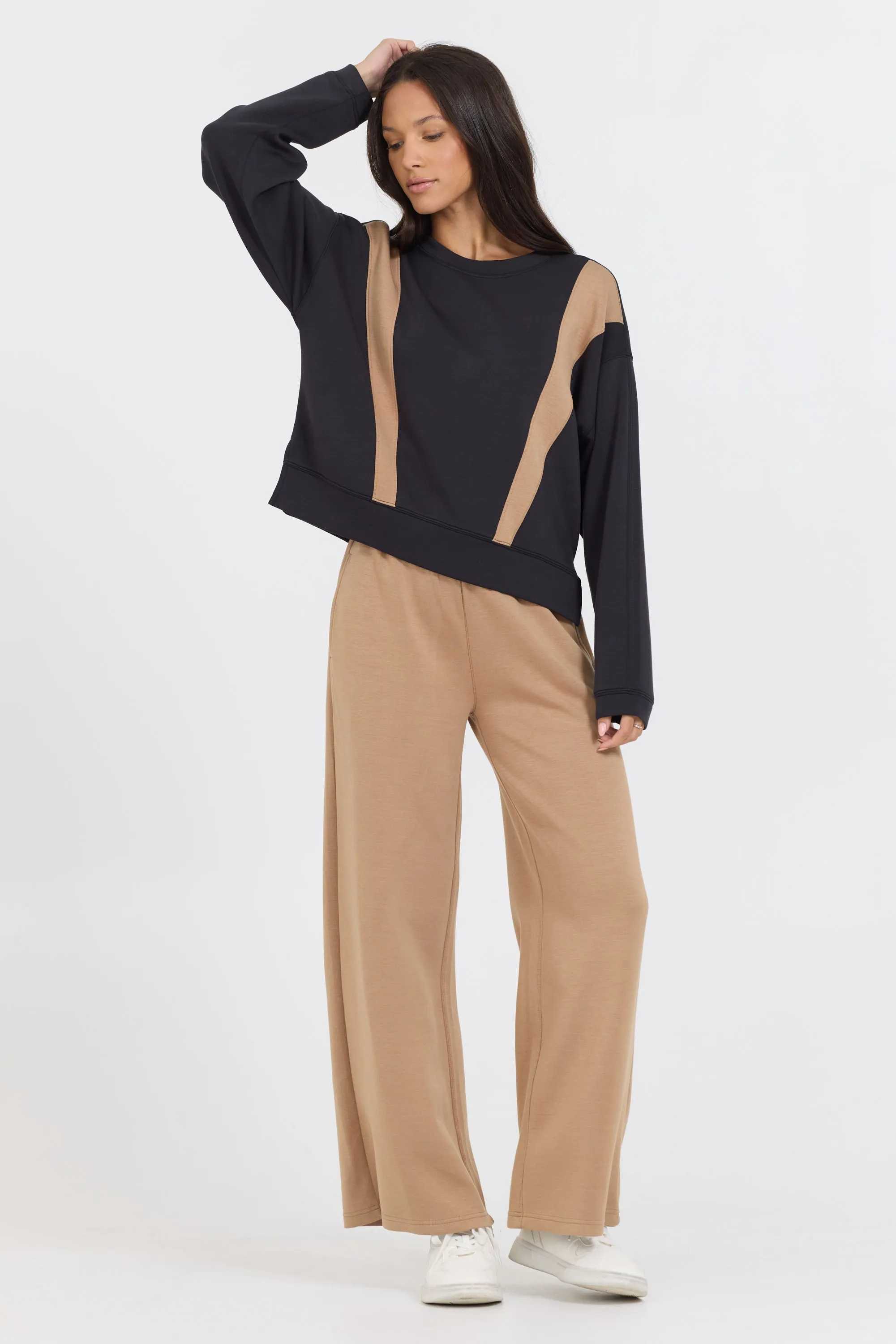 Black/ Caramel Colorblock Insert Cloud Fleece Crew