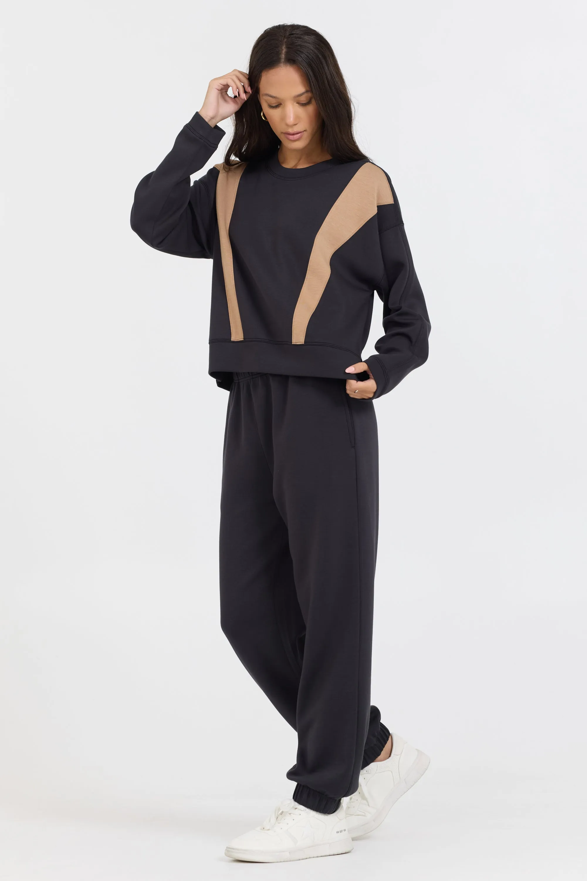 Black/ Caramel Colorblock Insert Cloud Fleece Crew