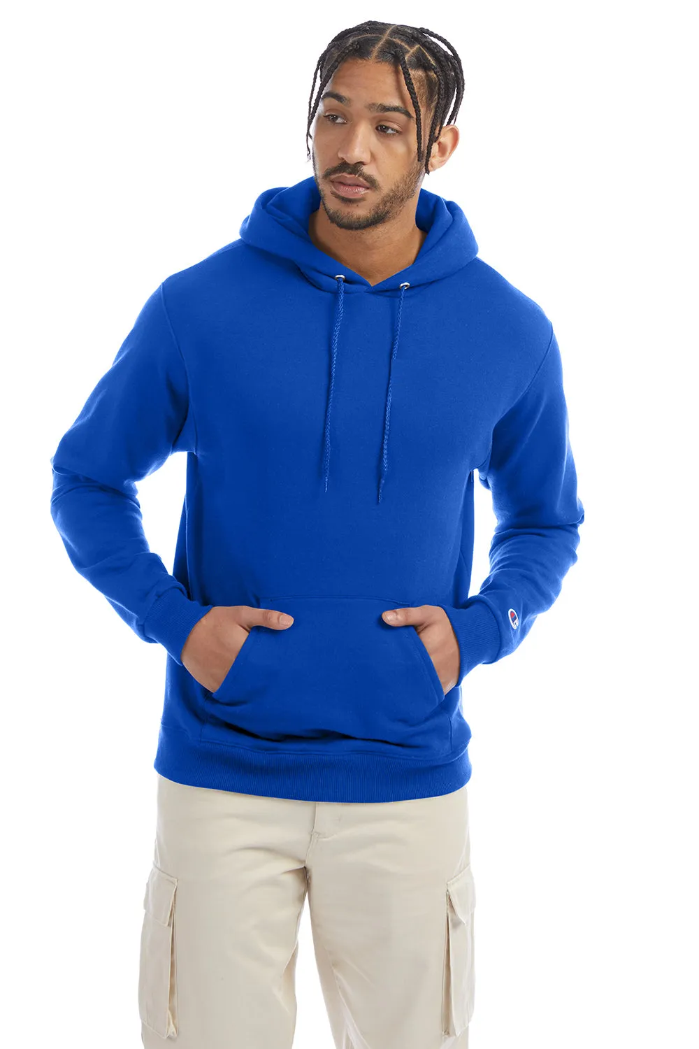 Champion Mens Double Dry Eco Moisture Wicking Fleece Hooded Sweatshirt Hoodie w/ Pouch Pocket - Royal Blue