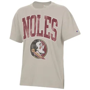 Champion Women's Noles/Seminole Logo Distressed Design Oversized Short Sleeve T-shirt - Cocoa Butter Champion Clothing Women