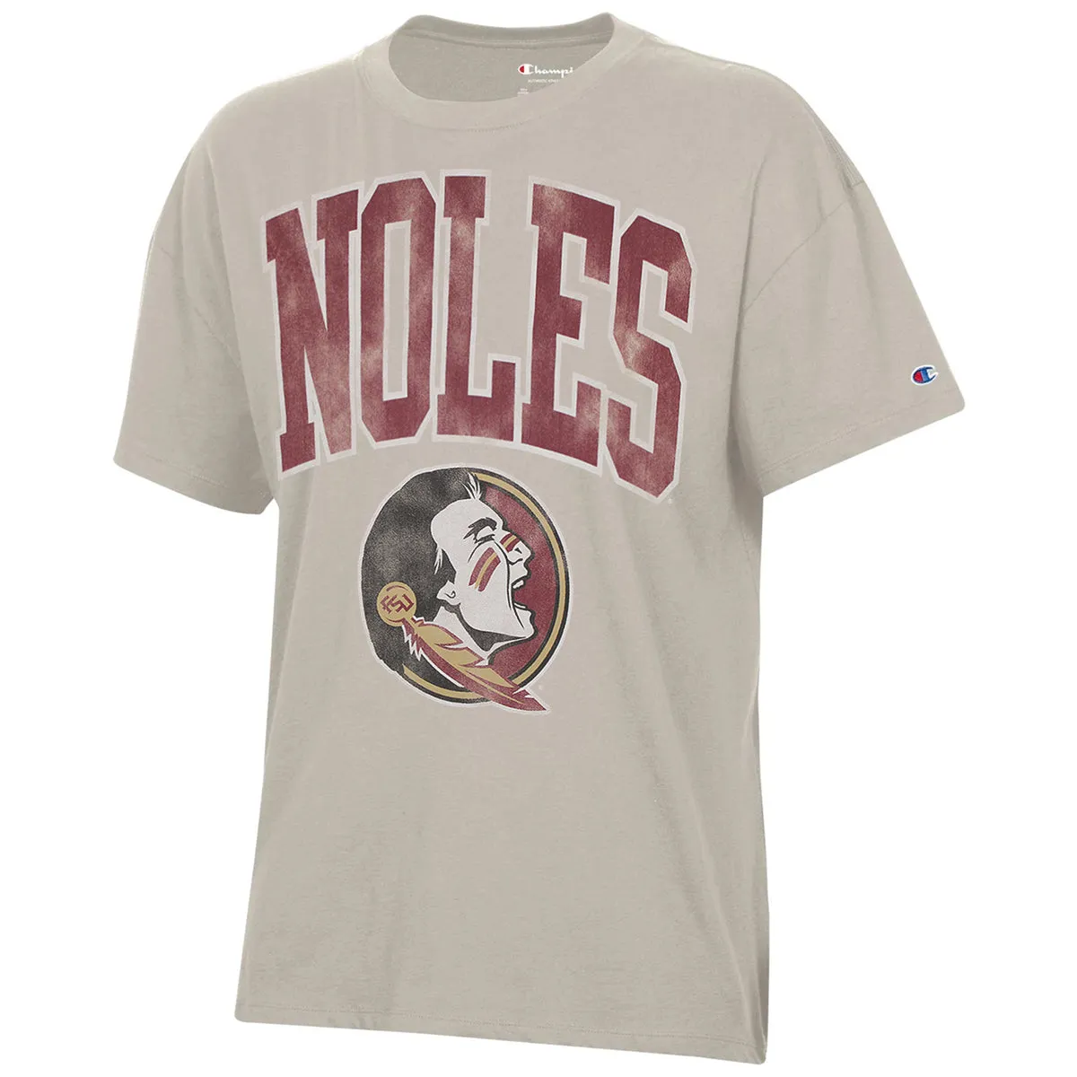 Champion Women's Noles/Seminole Logo Distressed Design Oversized Short Sleeve T-shirt - Cocoa Butter Champion Clothing Women