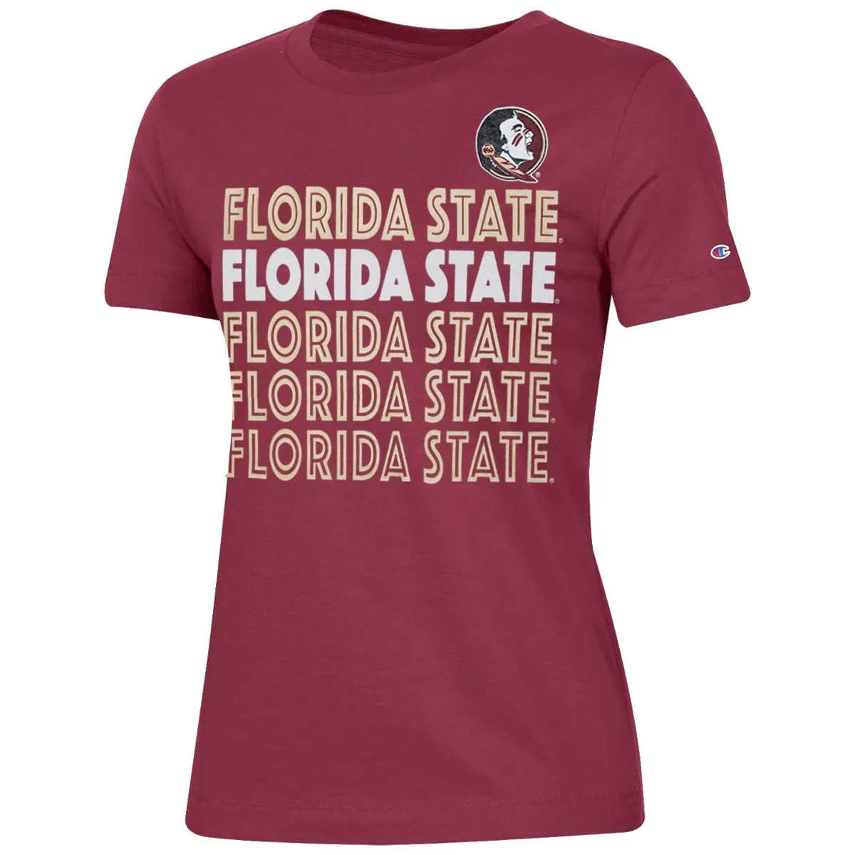 Champion Women's Seminole Logo/Repeat Florida State Design Short Sleeve T-shirt - Garnet Champion Clothing Women
