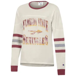 Champion Women's Vault Florida State Seminoles Spear Design Throwback Long Sleeve T-shirt - Off White/Garnet Champion Clothing Women