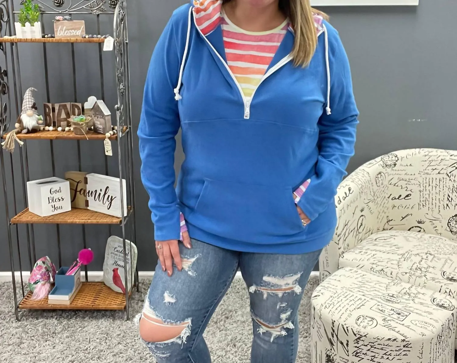 Classic Halfzip Hoodie In Bright Blue Rainbow Stripes