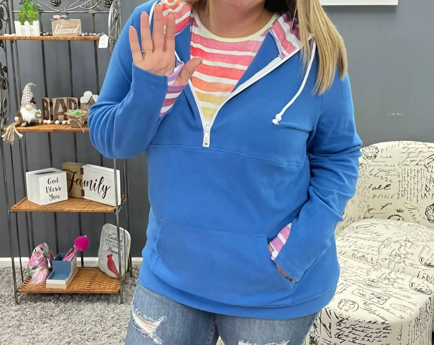 Classic Halfzip Hoodie In Bright Blue Rainbow Stripes