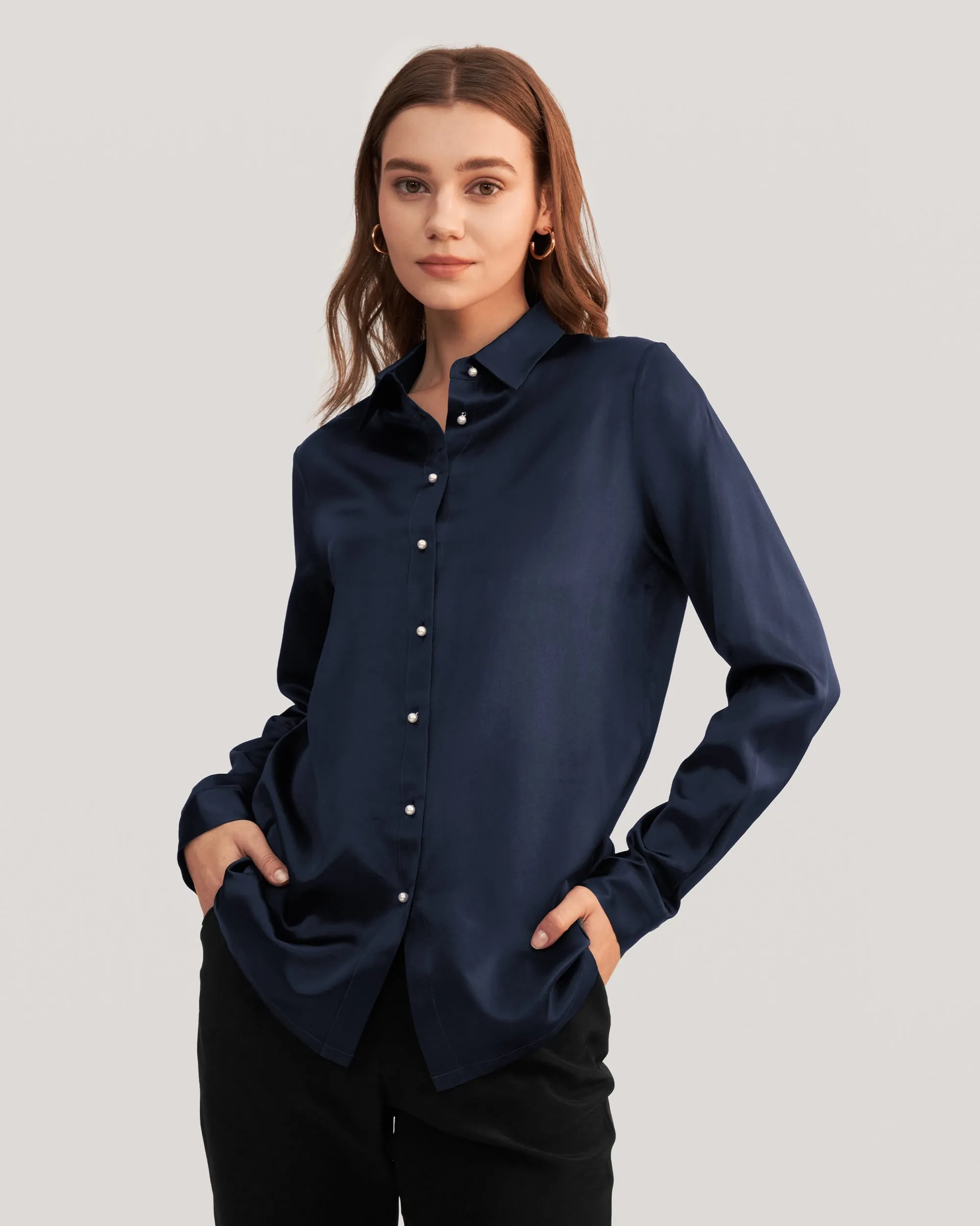 Classic Pearl Button Silk Shirt White
