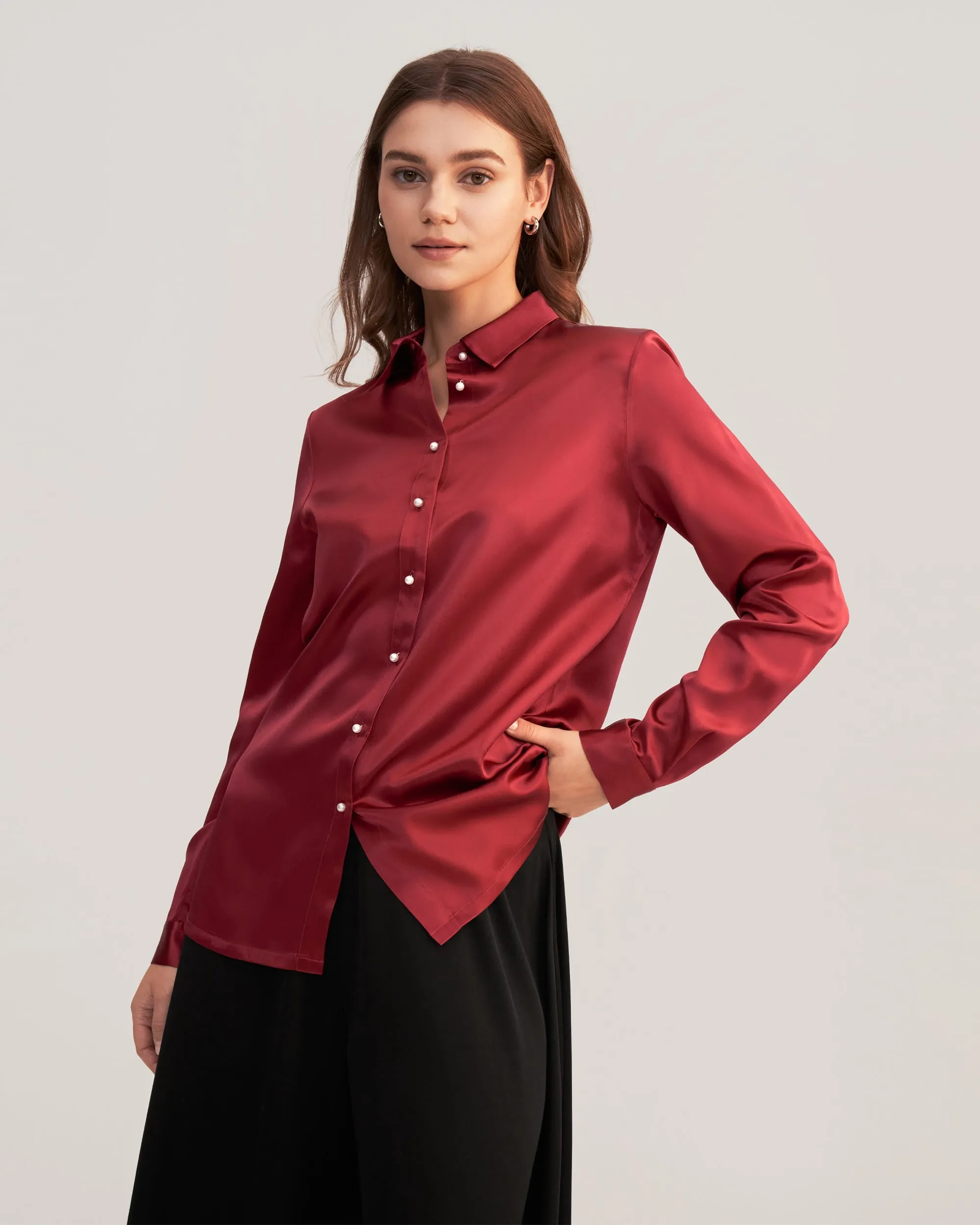 Classic Pearl Button Silk Shirt White