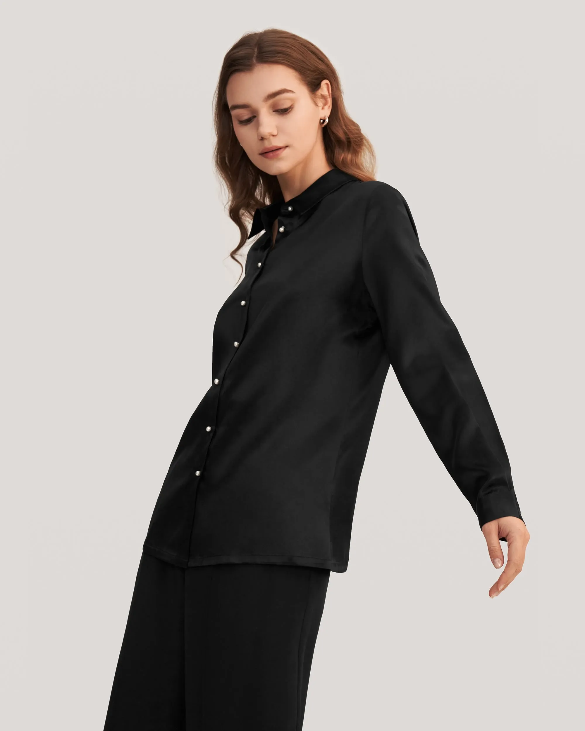Classic Pearl Button Silk Shirt White