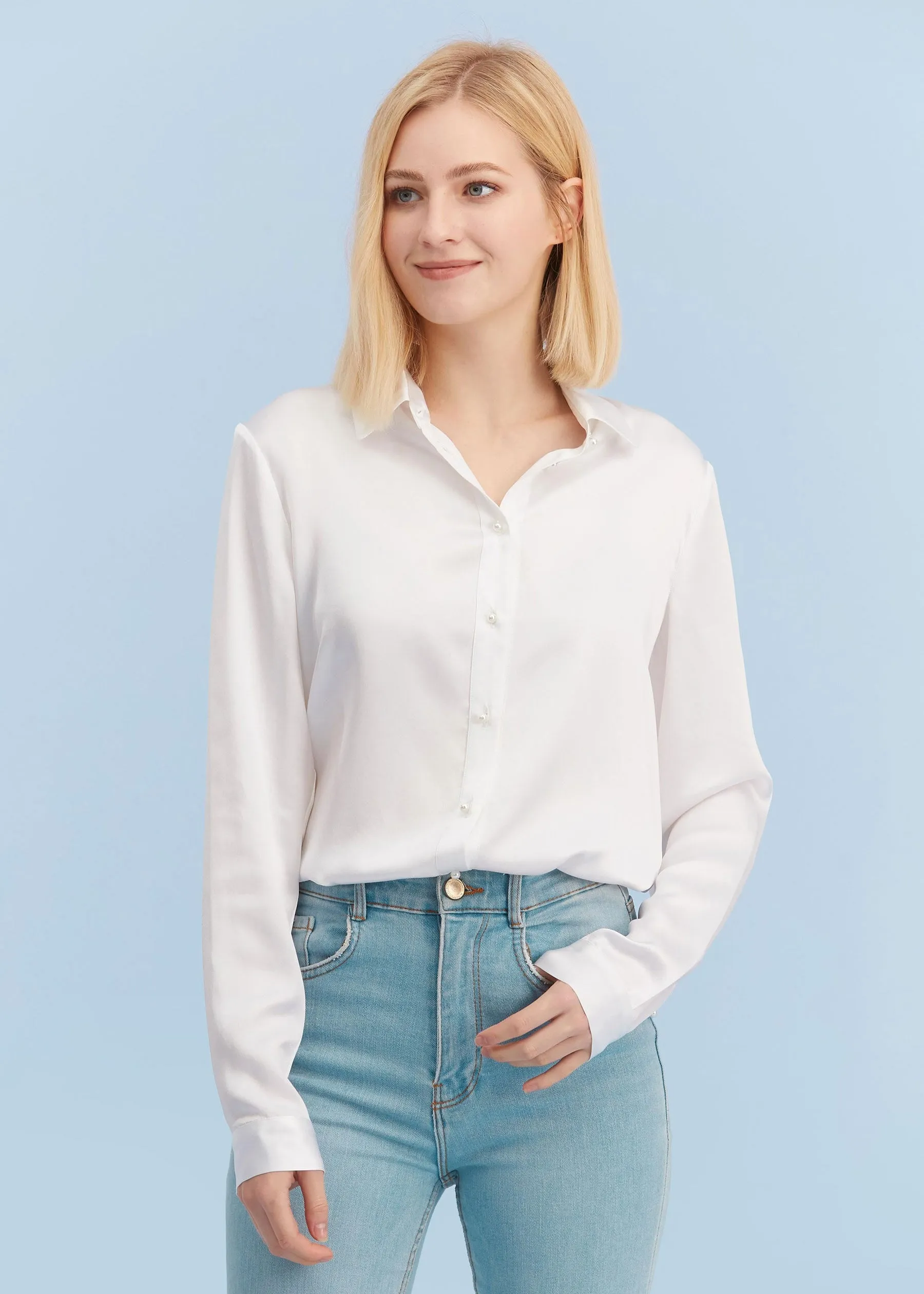 Classic Pearl Button Silk Shirt White