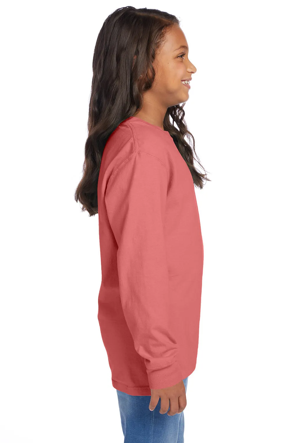 ComfortWash By Hanes Youth Garment Dyed Long Sleeve Crewneck T-Shirt - Coral Craze