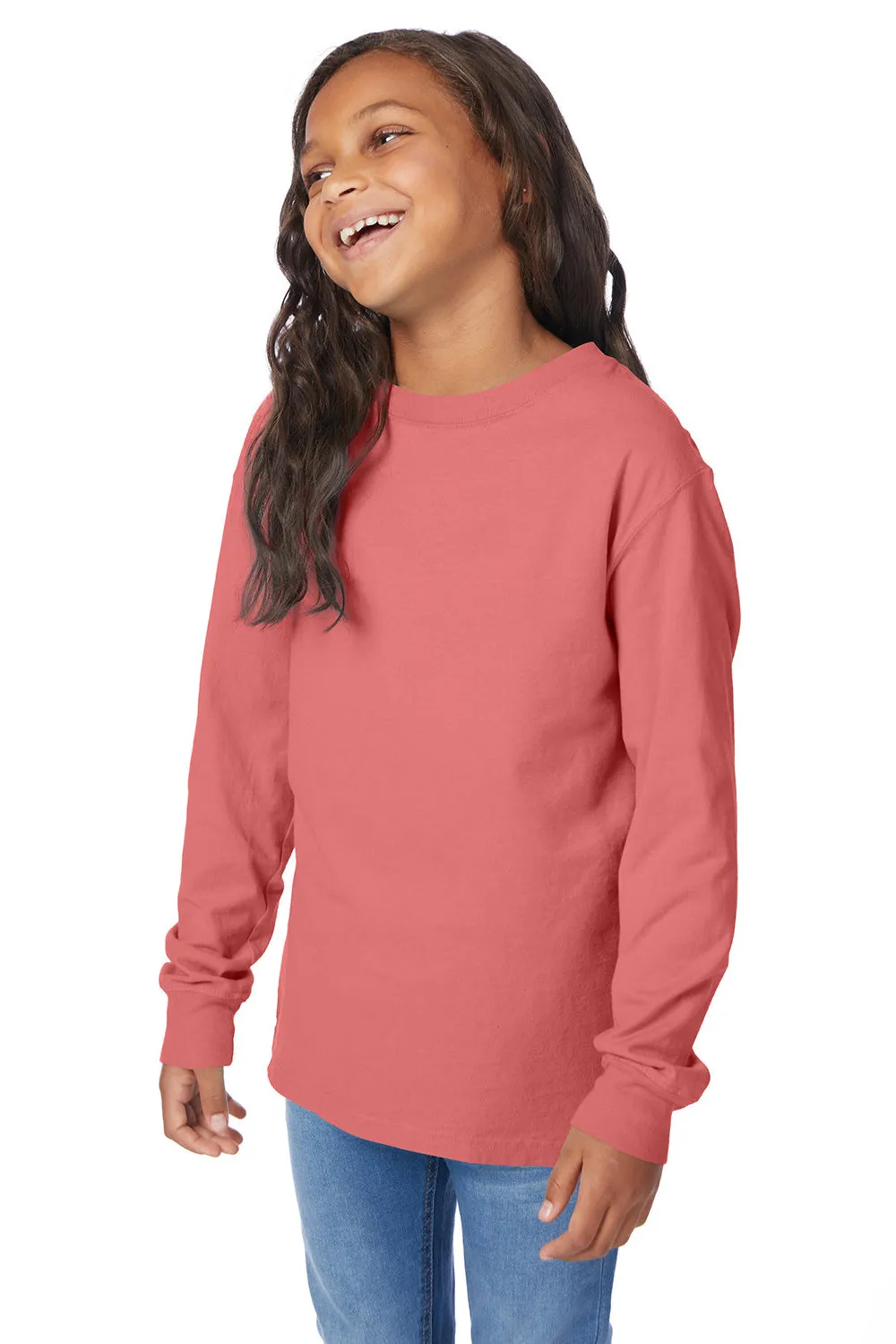ComfortWash By Hanes Youth Garment Dyed Long Sleeve Crewneck T-Shirt - Coral Craze