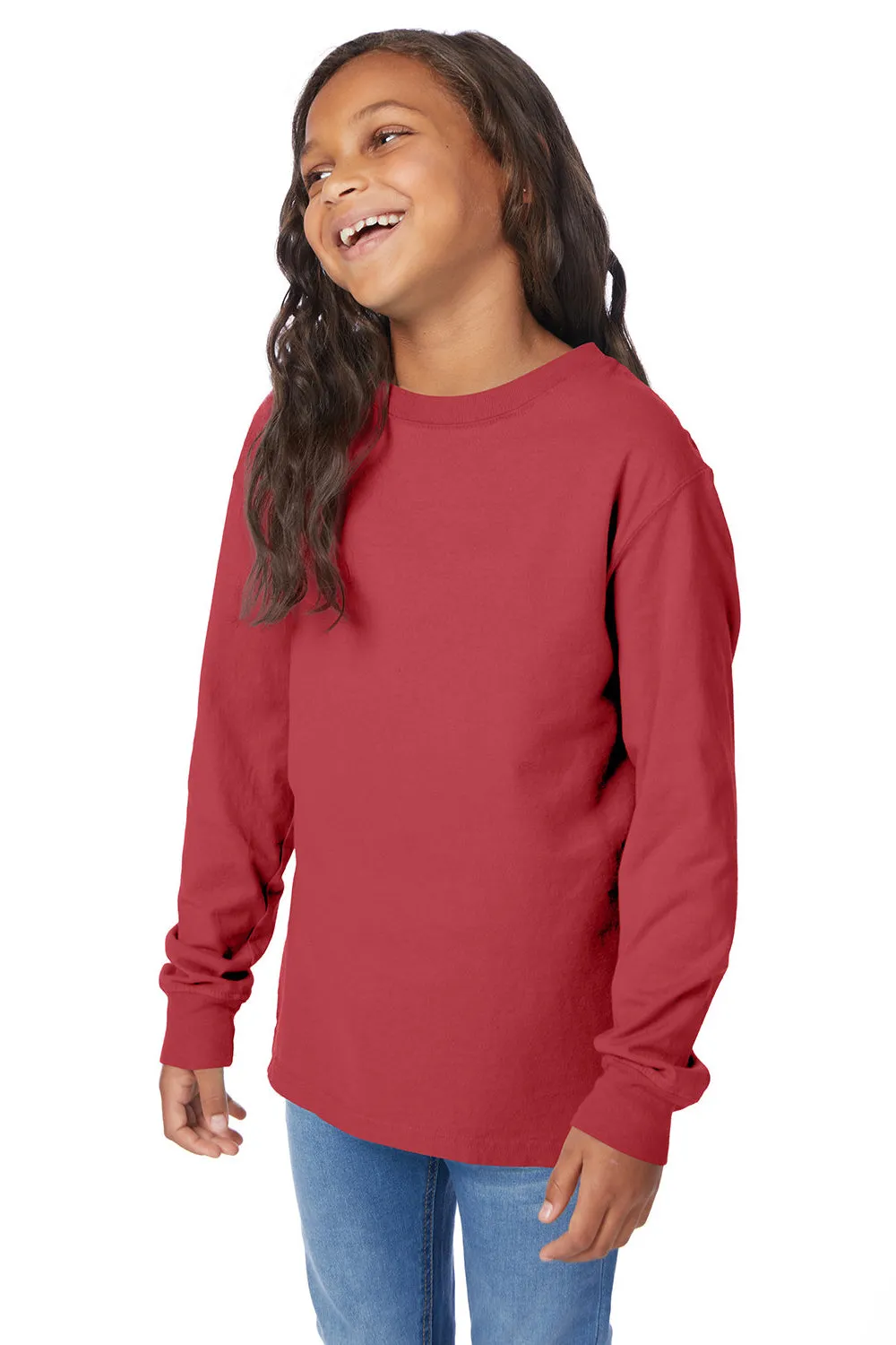ComfortWash By Hanes Youth Garment Dyed Long Sleeve Crewneck T-Shirt - Crimson Fall Red