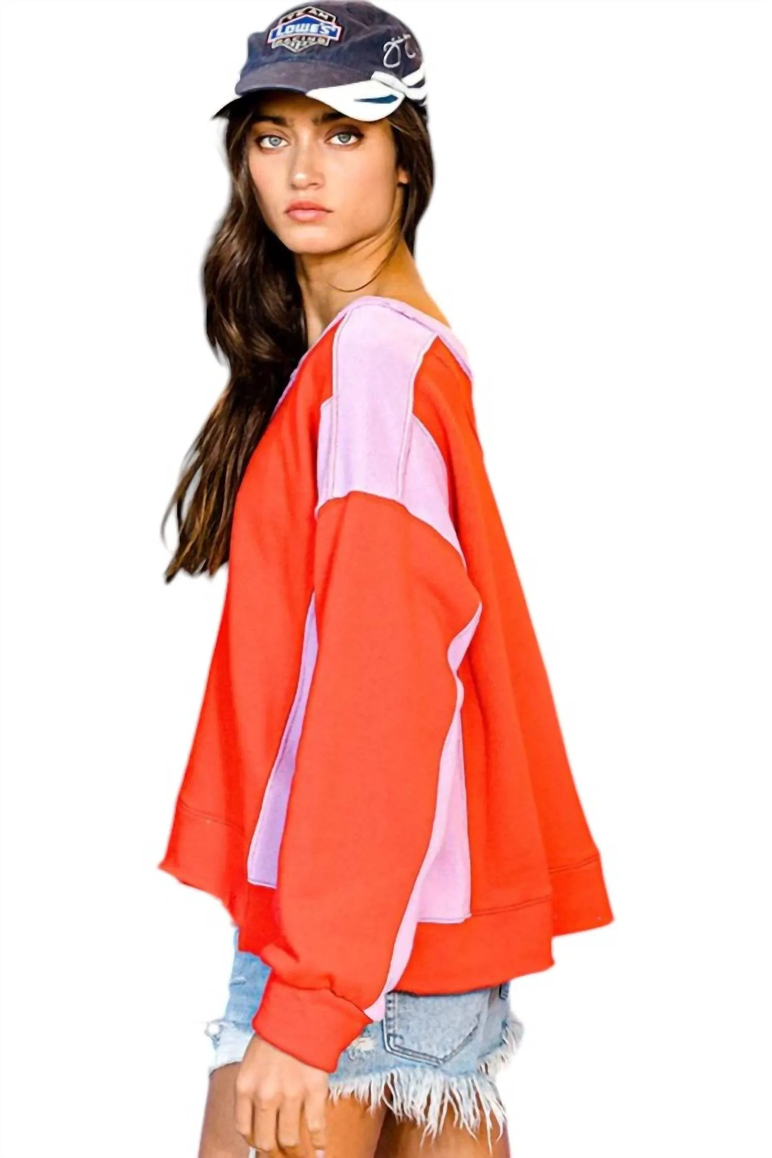 Contrast Color Block Sweatshirt In Red/lavender
