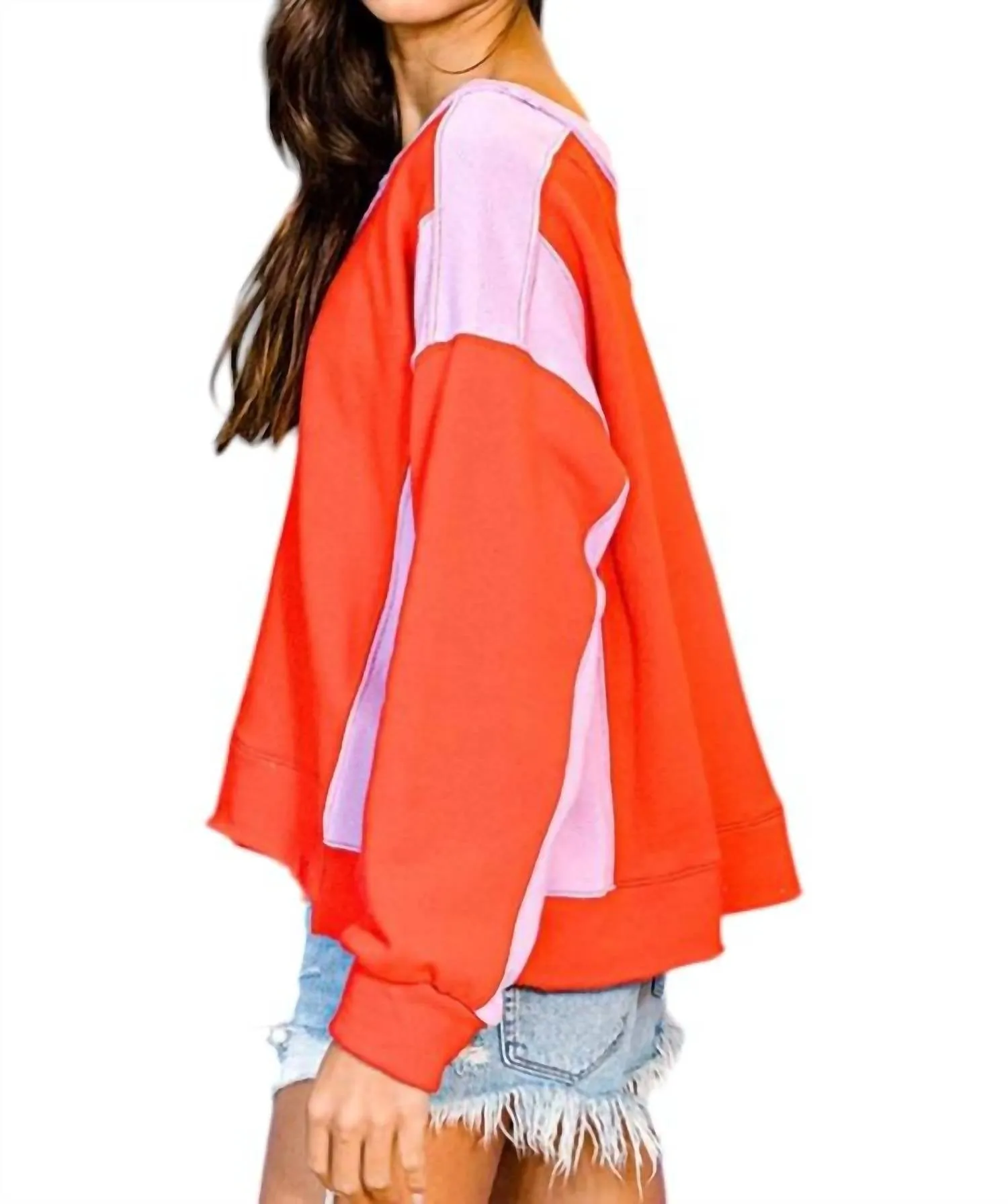 Contrast Color Block Sweatshirt In Red/lavender