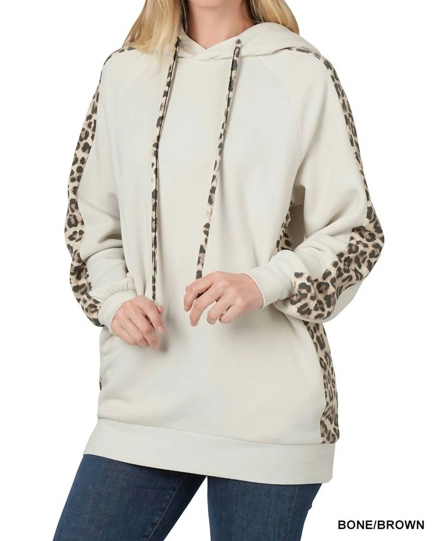 Contrast Side Panel Leopard Hoodie In Bone/brown