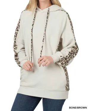 Contrast Side Panel Leopard Hoodie In Bone/brown