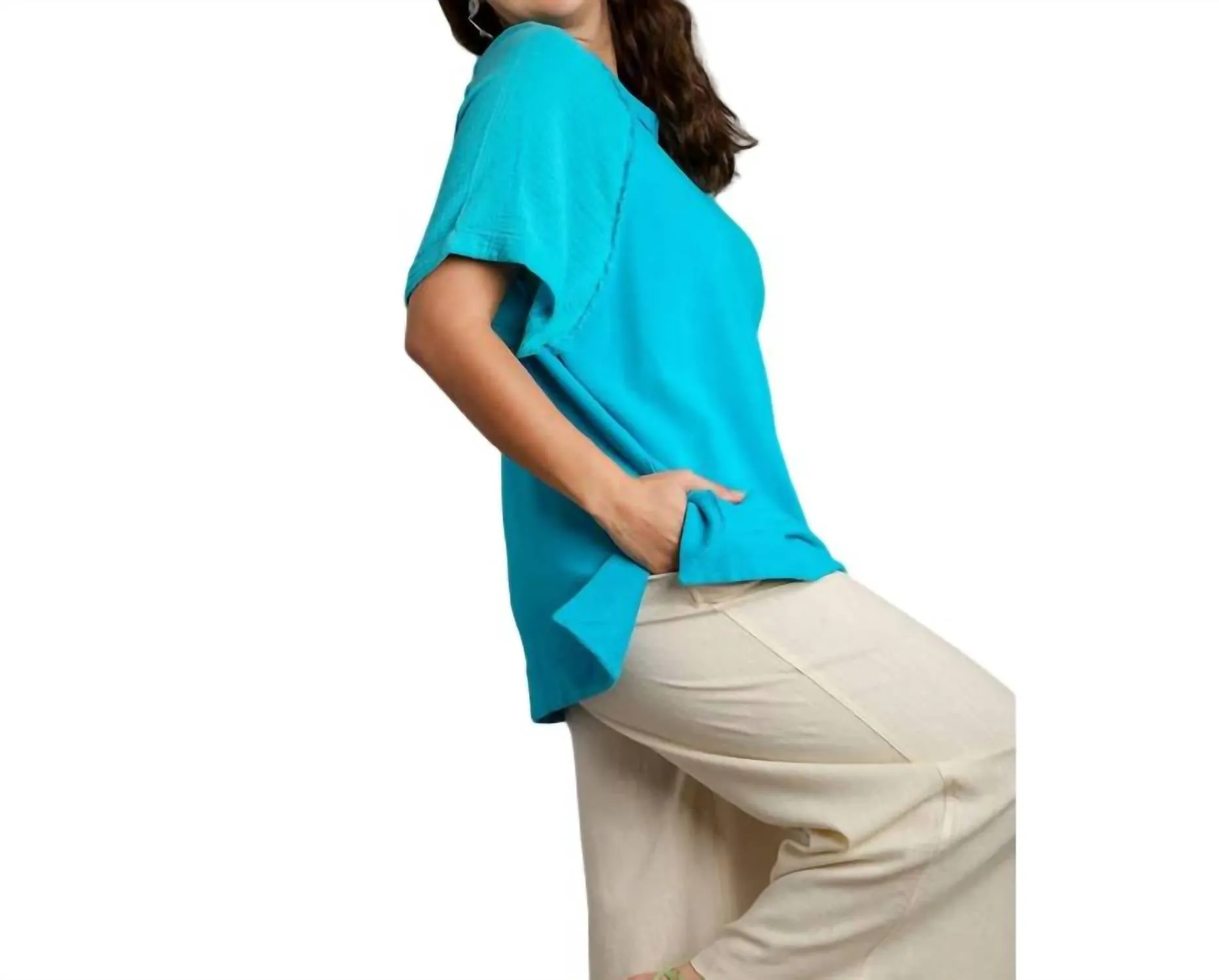 Cotton Gauze & French Terry Pullover Top - Plus In Aqua
