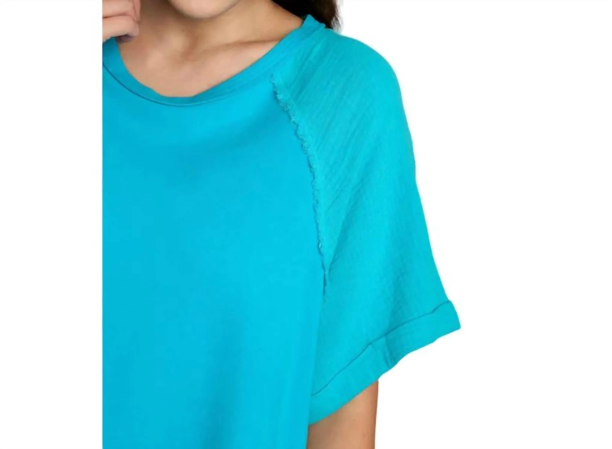Cotton Gauze & French Terry Pullover Top - Plus In Aqua