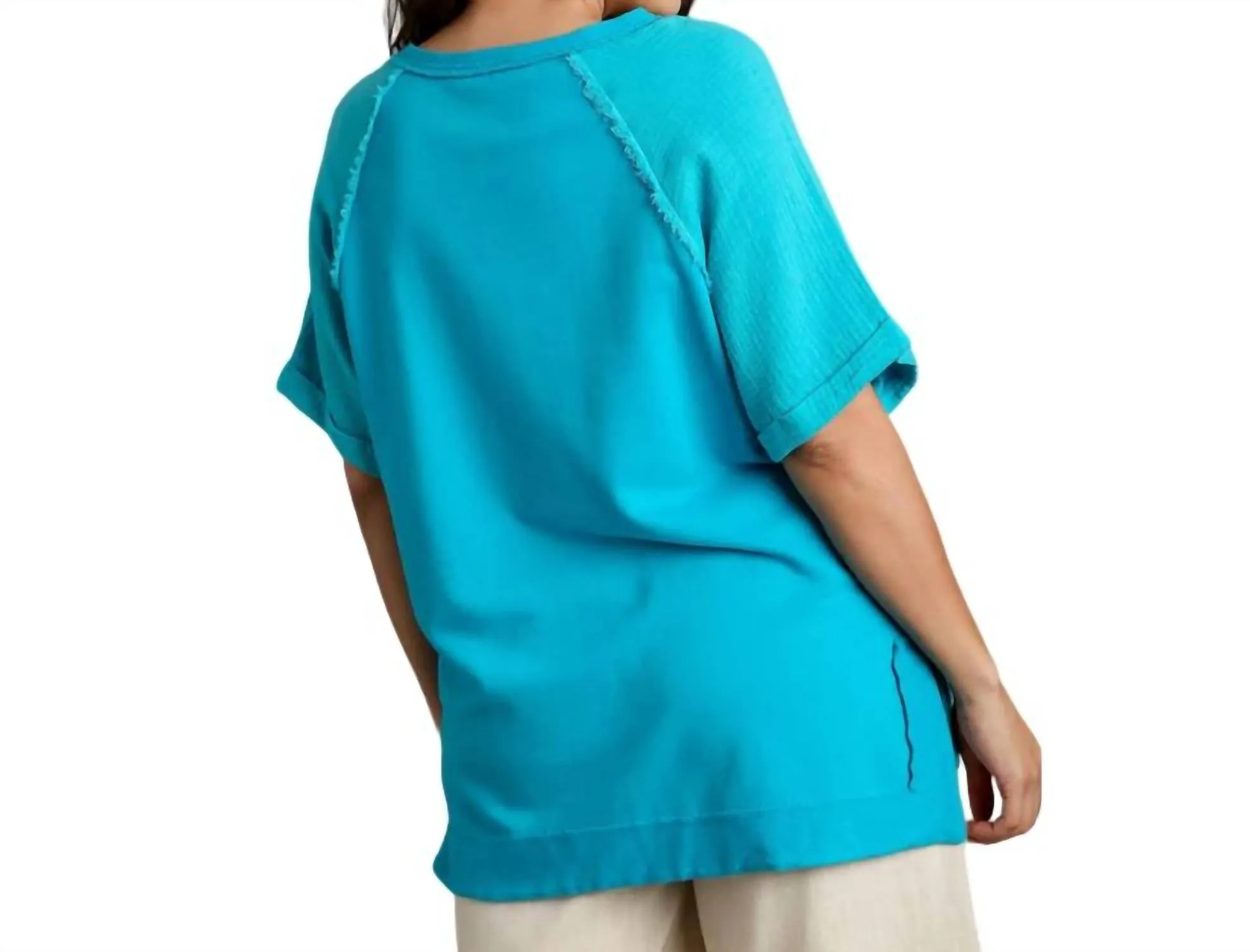 Cotton Gauze & French Terry Pullover Top - Plus In Aqua