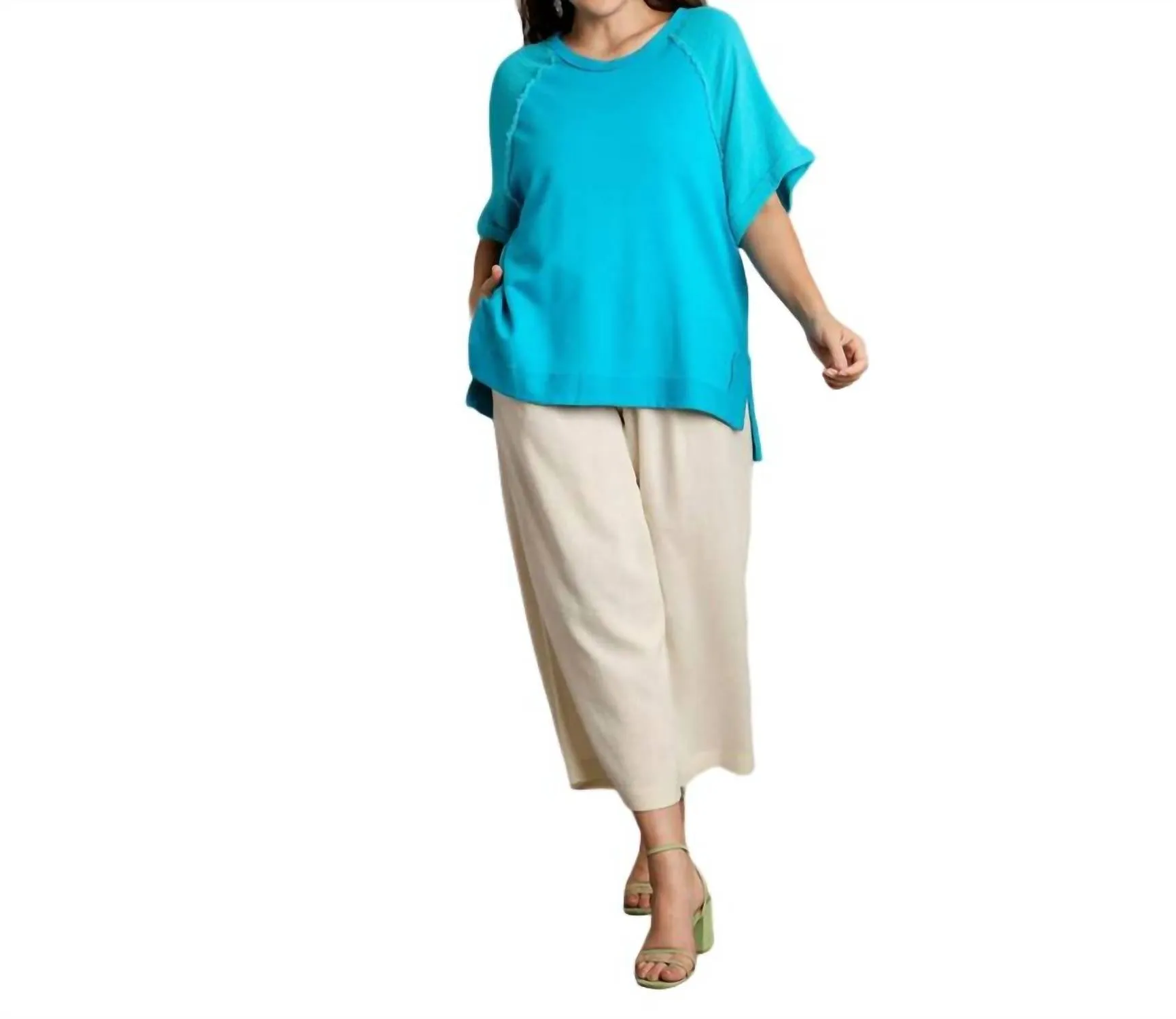 Cotton Gauze & French Terry Pullover Top - Plus In Aqua