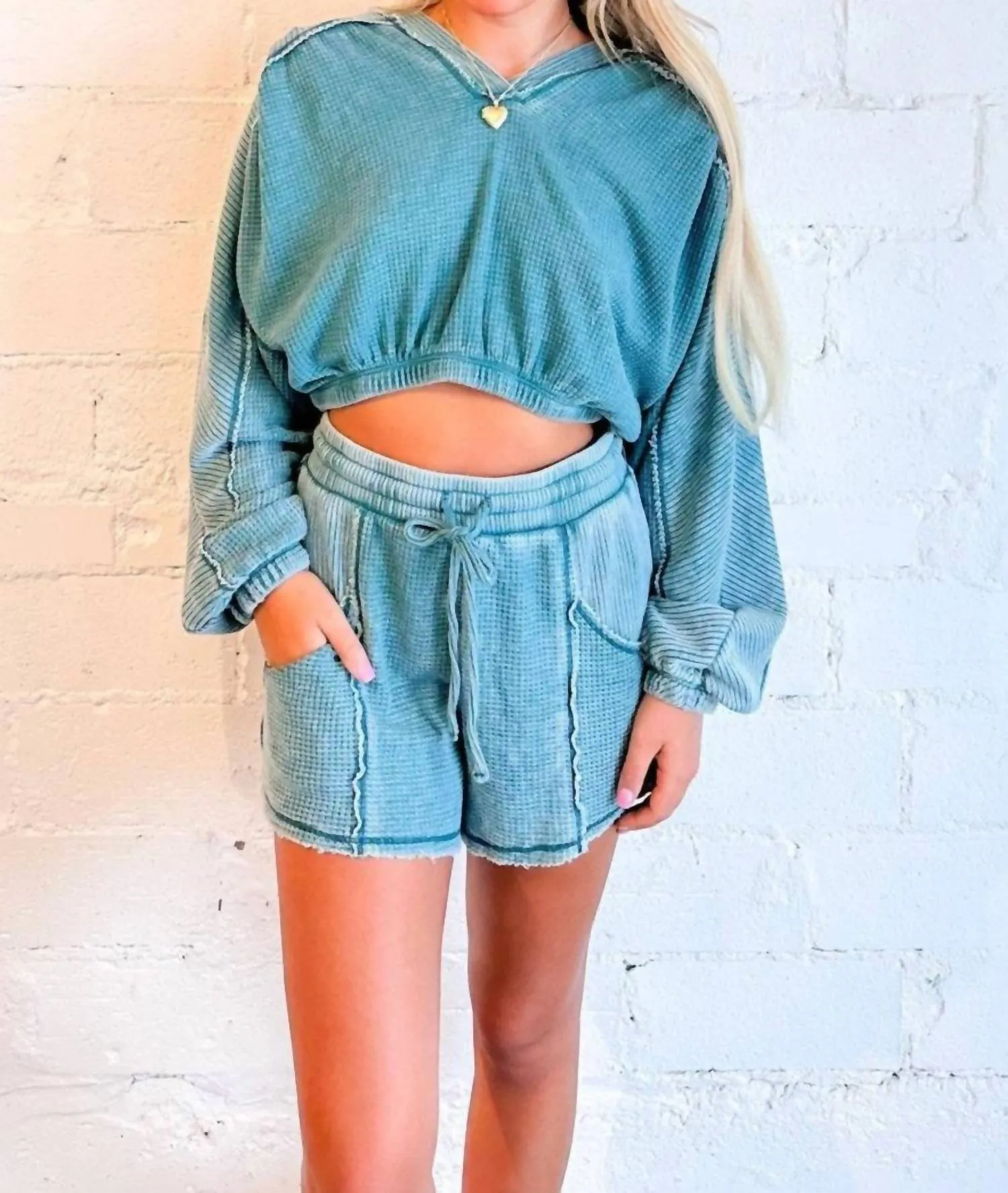 Dante Seamed Burnout Thermal Hoodie In Teal