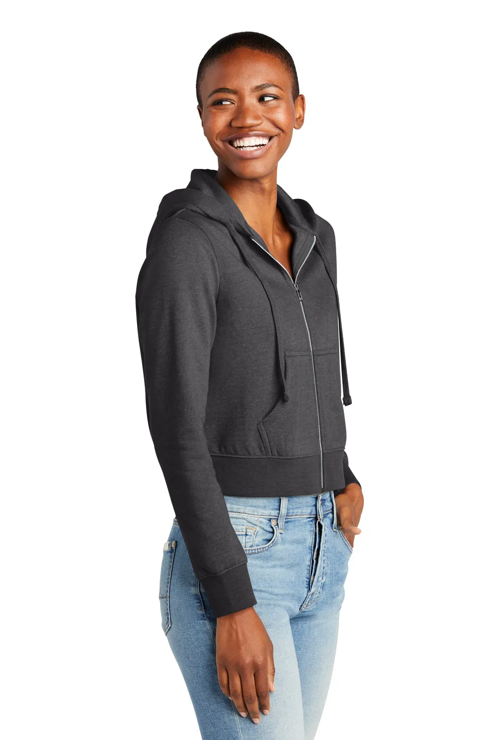 District Womens V.I.T. Fleece Full Zip Hooded Sweatshirt Hoodie w/ Pockets - Heather Charcoal Grey