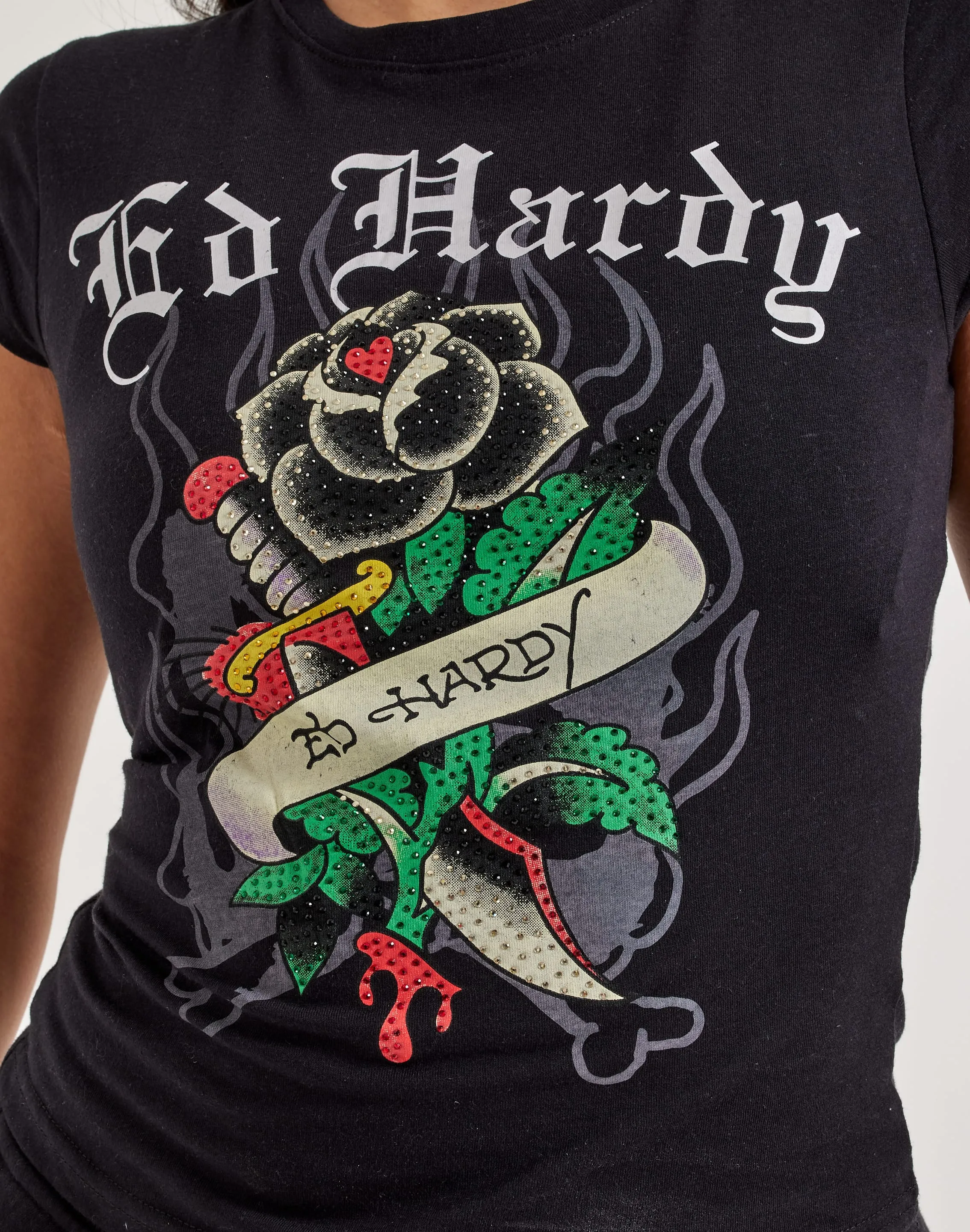Ed Hardy Black Rose Rhinestone Cap Sleeve Tee