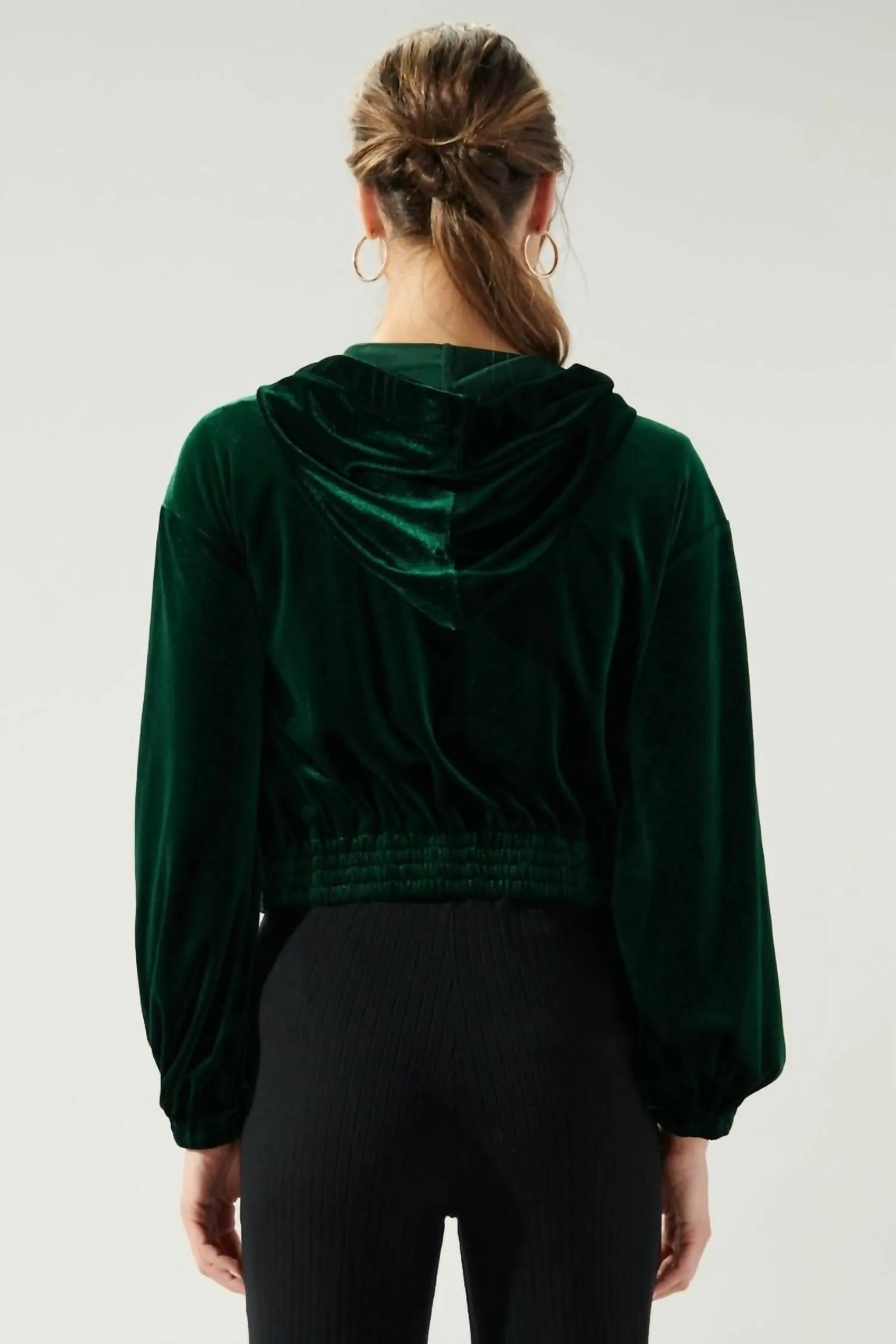Everson Velvet Cropped Zip Up Hoodie In Emerald
