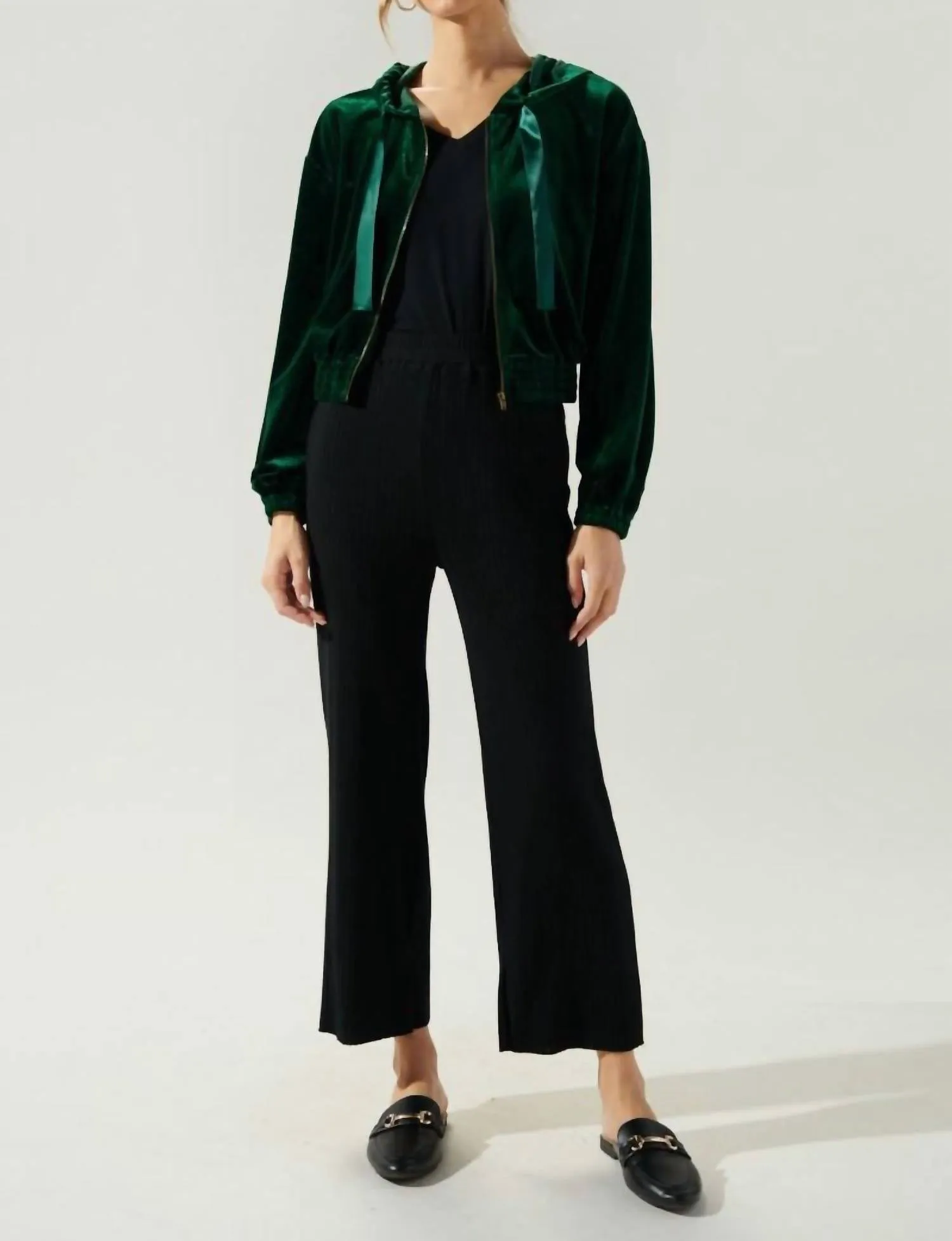 Everson Velvet Cropped Zip Up Hoodie In Emerald