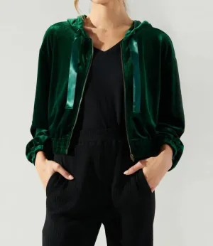 Everson Velvet Cropped Zip Up Hoodie In Emerald