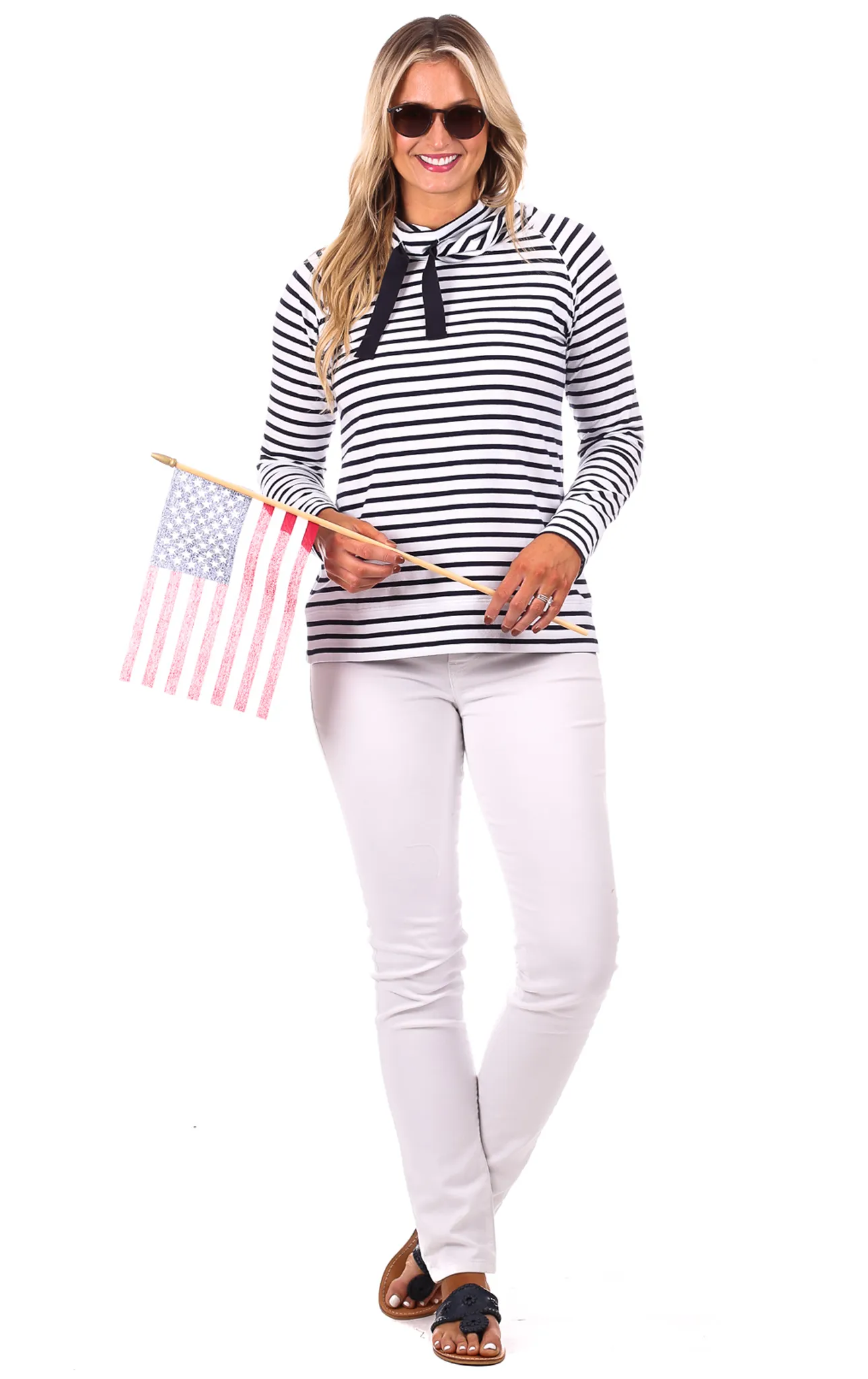 Finley Funnel Neck in White & Navy Stripe