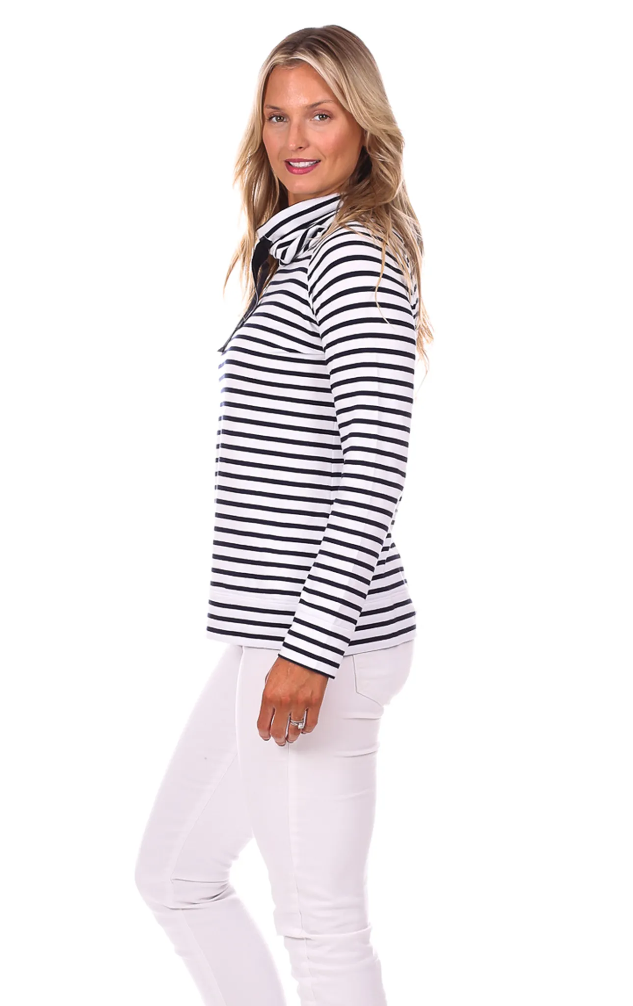 Finley Funnel Neck in White & Navy Stripe