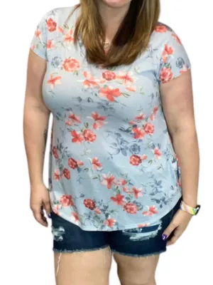 Floral Ruffle Tee In Grey