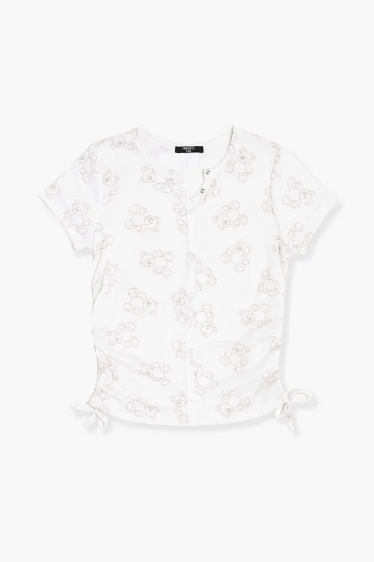 Forever 21 Girls Bear Print Henley Top (Kids) White/Multi Forever 21