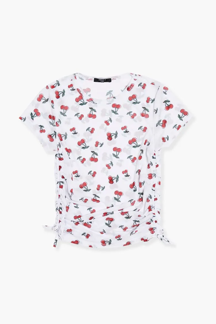 Forever 21 Girls Cherry Print Drawstring Top (Kids) White/Multi Forever 21