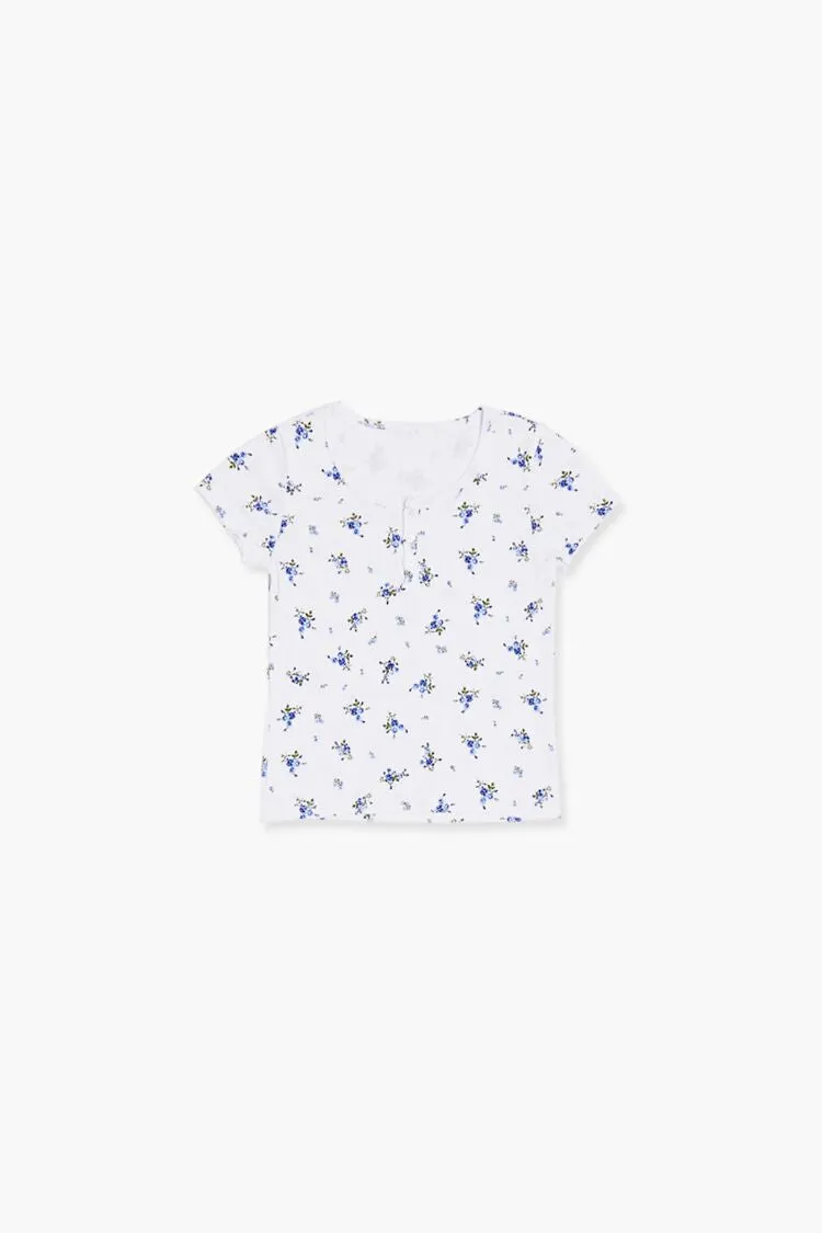 Forever 21 Girls Floral Print Henley T-Shirt (Kids) White/Multi Forever 21
