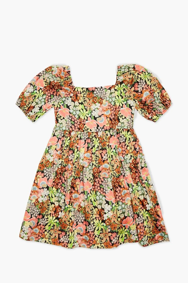 Forever 21 Girls Floral Print Puff-Sleeve Dress (Kids) Black/Multi Forever 21