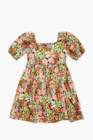 Forever 21 Girls Floral Print Puff-Sleeve Dress (Kids) Black/Multi Forever 21