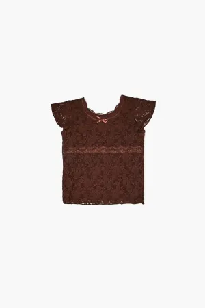 Forever 21 Girls Lace Butterfly Sleeve Top (Kids) Turkish Coffee Forever 21