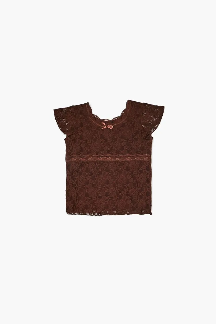 Forever 21 Girls Lace Butterfly Sleeve Top (Kids) Turkish Coffee Forever 21
