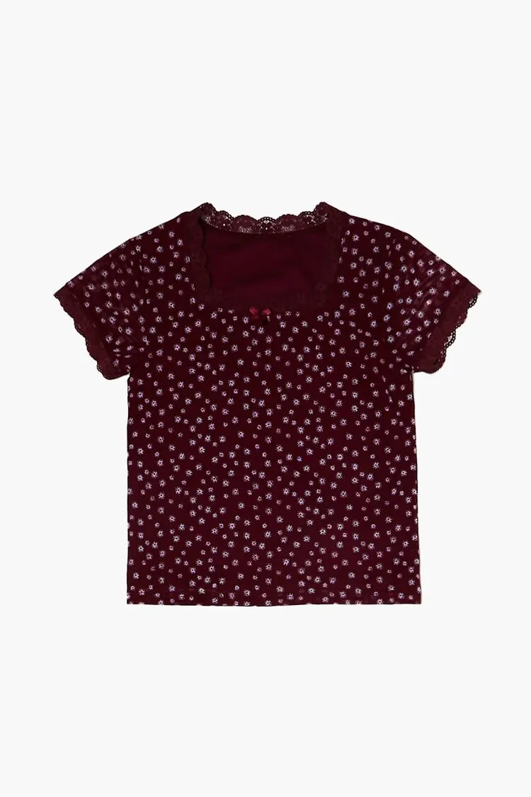Forever 21 Girls Lace-Trim Floral T-Shirt (Kids) Maroon/Multi Forever 21