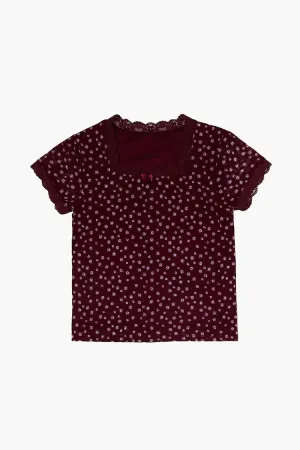 Forever 21 Girls Lace-Trim Floral T-Shirt (Kids) Maroon/Multi Forever 21