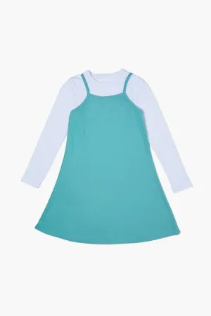 Forever 21 Girls Long-Sleeve Combo Dress (Kids) Teal/White Forever 21